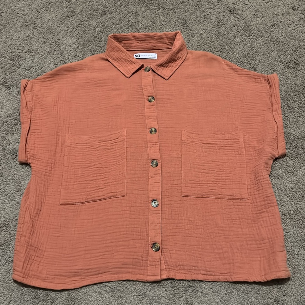 NWT SO brand Cotton Button Front Shirt-Sz M-Relaxed Boxy Fit-Rusty Orange Color - Picture 9 of 14